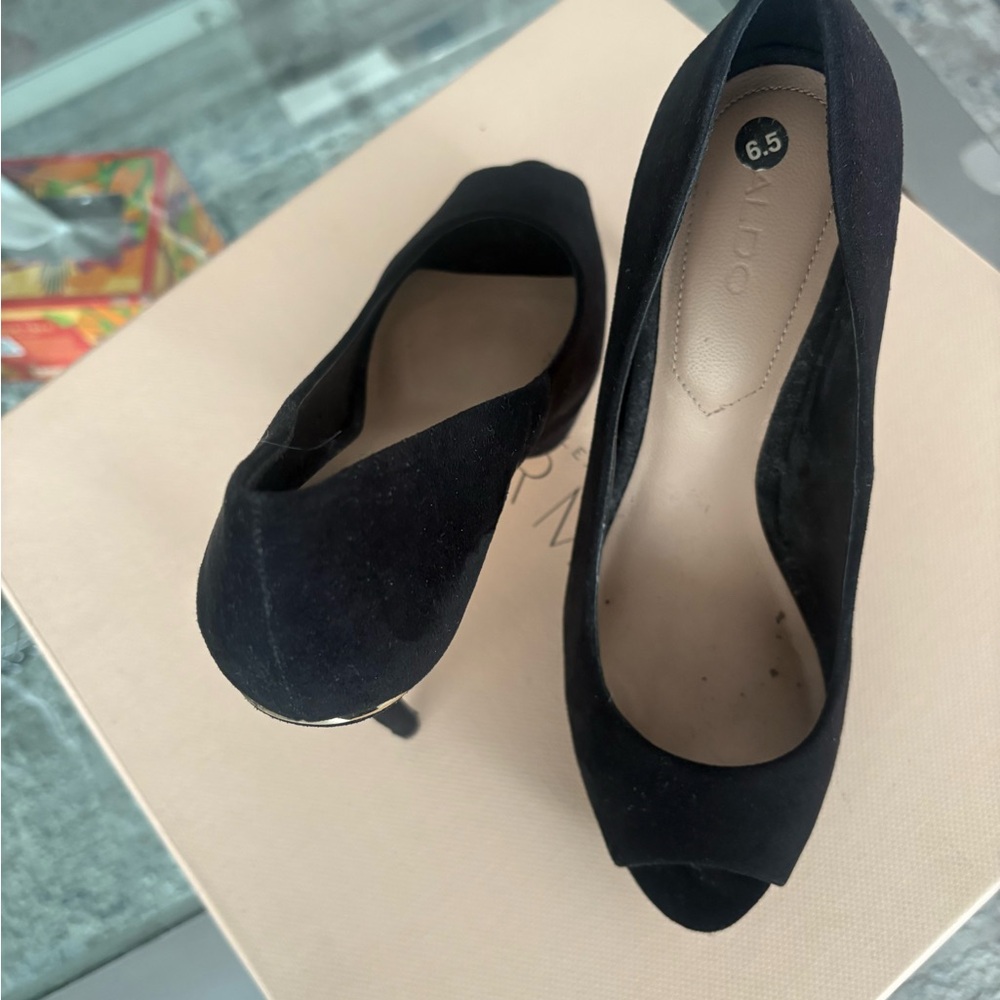 Aldo Black Suede Peep-Toe Pumps
